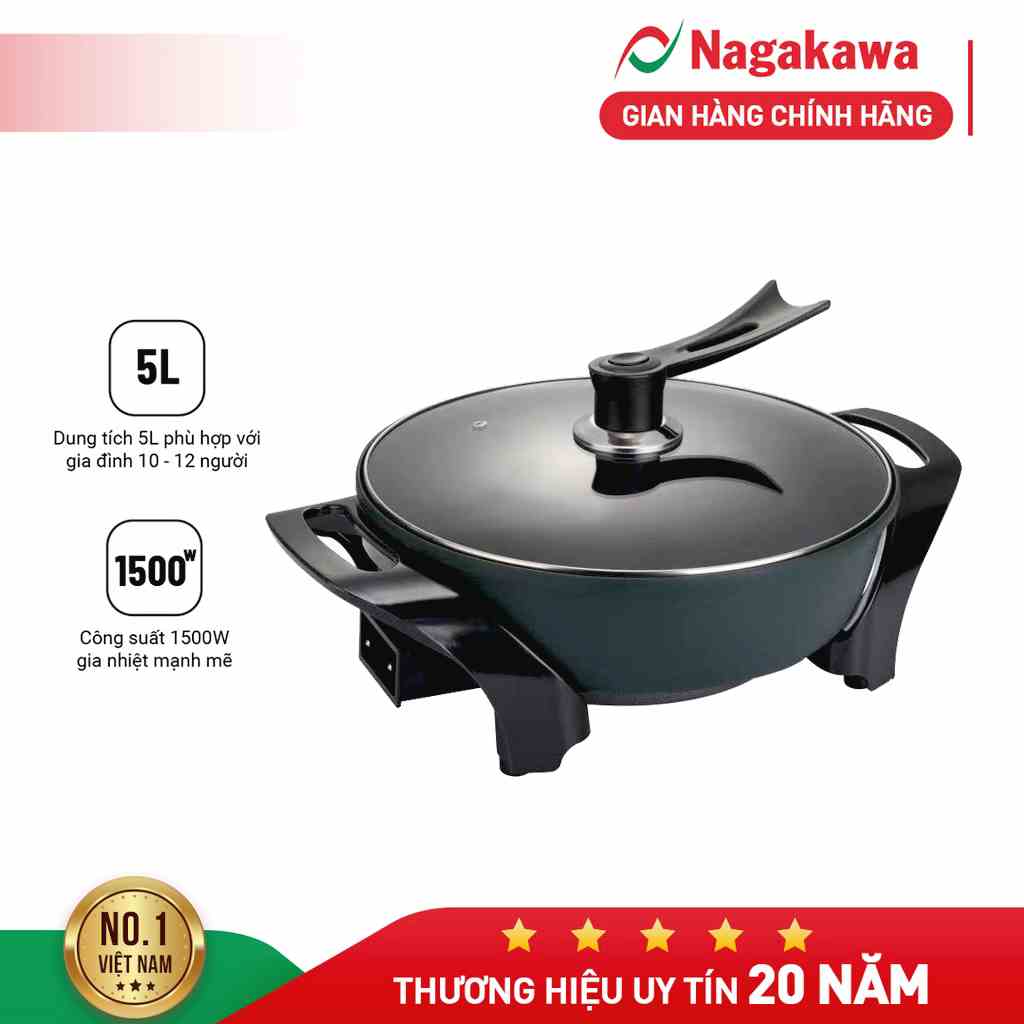 [Mã ELBAU4 giảm 4% đơn 500K] Nồi lẩu nướng điện 1 ngăn đa năng Nagakawa NAG1905 (5L)- Bảo hành 12 tháng