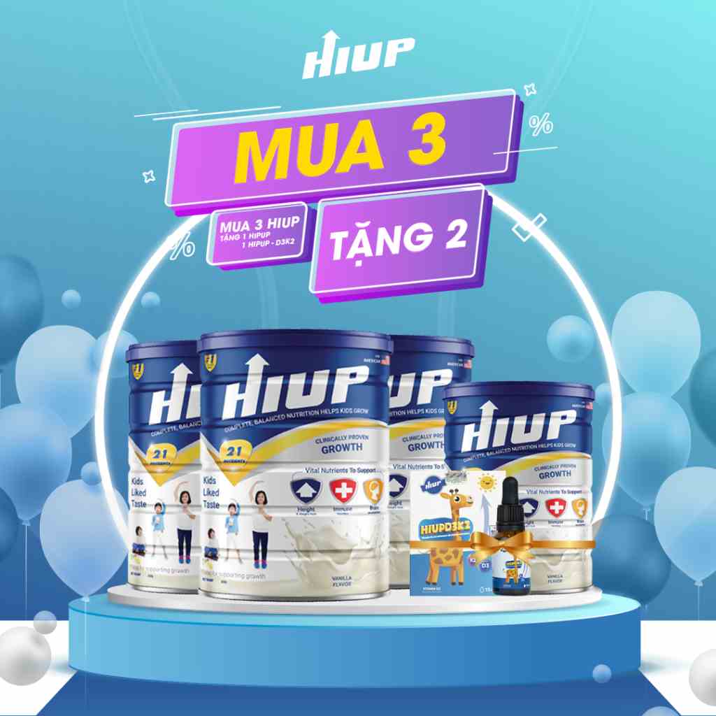 Hộp sữa bột HIUP tăng chiều cao và cân nặng cho trẻ từ 2 đến 15 tuổi [Combo mua 3 tặng 1 hộp và 1 HiupD3K2]