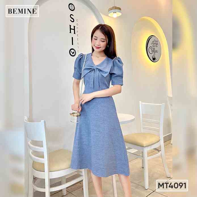 Đầm suông cổ nơ tay xếp li BEMINE MT4091XANH