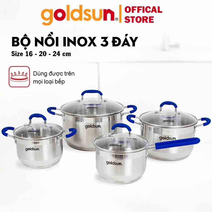 Bộ nồi inox goldsun GPS1742-S 5 đáy sử dụng được bếp từ vung kính chịu lực quay cầm bọc silicon