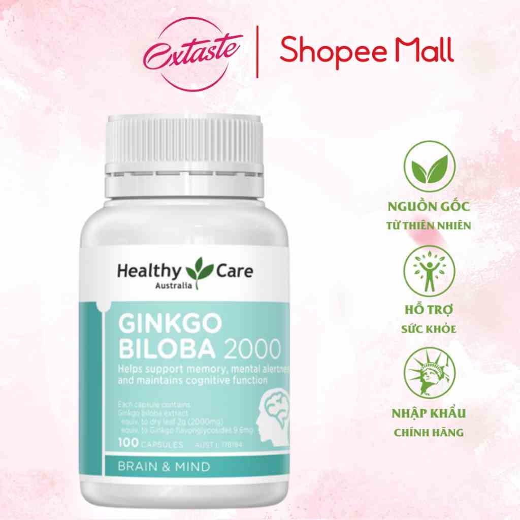 Viên uống bổ não Healthy Care Ginkgo Biloba 2000 tuần hoàn lưu thông máu 100 viên