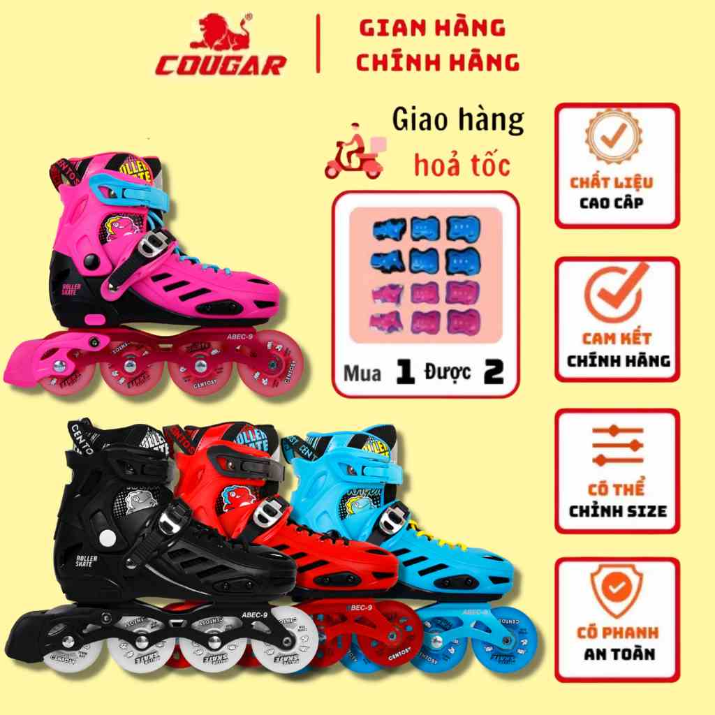 Giày Patin Trẻ Em Cougar-Centosy T-rex Có Bánh Đèn Phát Sáng, Có Khóa Bán Tự Động, Nút Chỉnh Size Dễ Dàng Sử Dụng