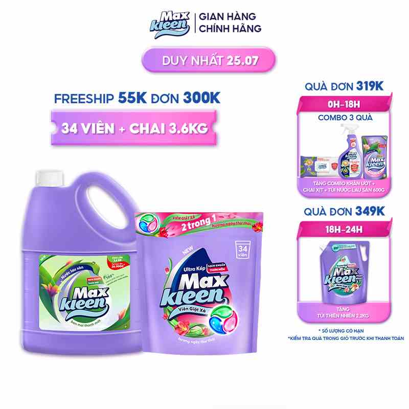 Combo Túi Viên Giặt Xả MaxKleen (34 viên/túi) + Chai Lau sàn MaxKleen Ban mai thanh mát 3.6kg/chai