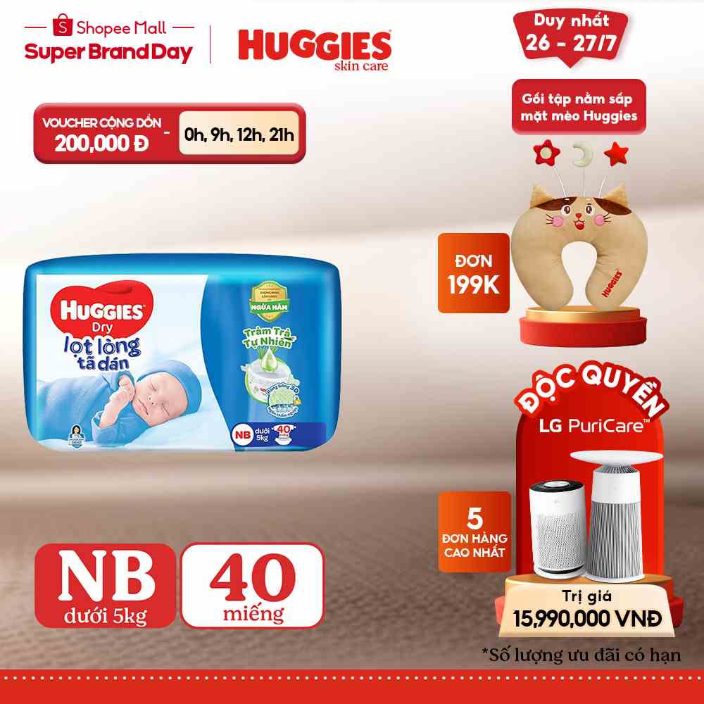 [HUGFEB15B -10% max 60k đơn 400k] Tã dán sơ sinh Huggies Tràm Trà Tự Nhiên Dry NB40:Chính Hãng