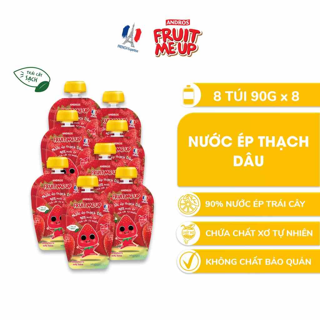 Combo 8 túi Nước Ép Thạch Dâu - 90% Nước Ép Trái Cây Thật - ANDROS FRUIT ME UP- 90gx8