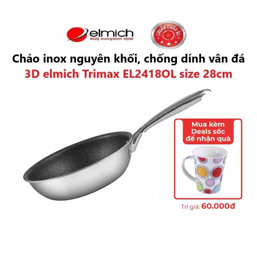 [LIFEMCMBP4 -12% đơn 250K] Chảo inox nguyên khối, chống dính vân đá 3D elmich Trimax EL2418OL size 28cm