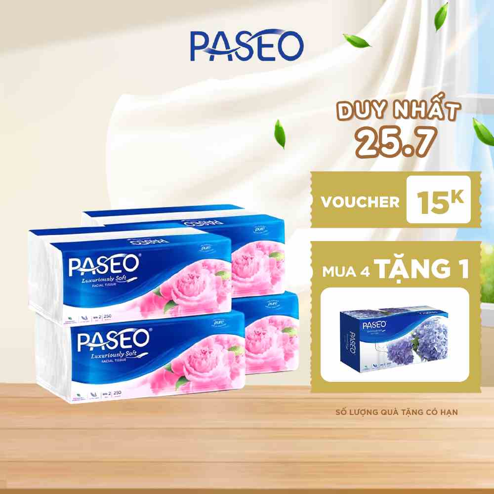 Combo 4 gói khăn giấy rút cao cấp Paseo dai, mềm mịn (250 tờ 2 lớp)/gói