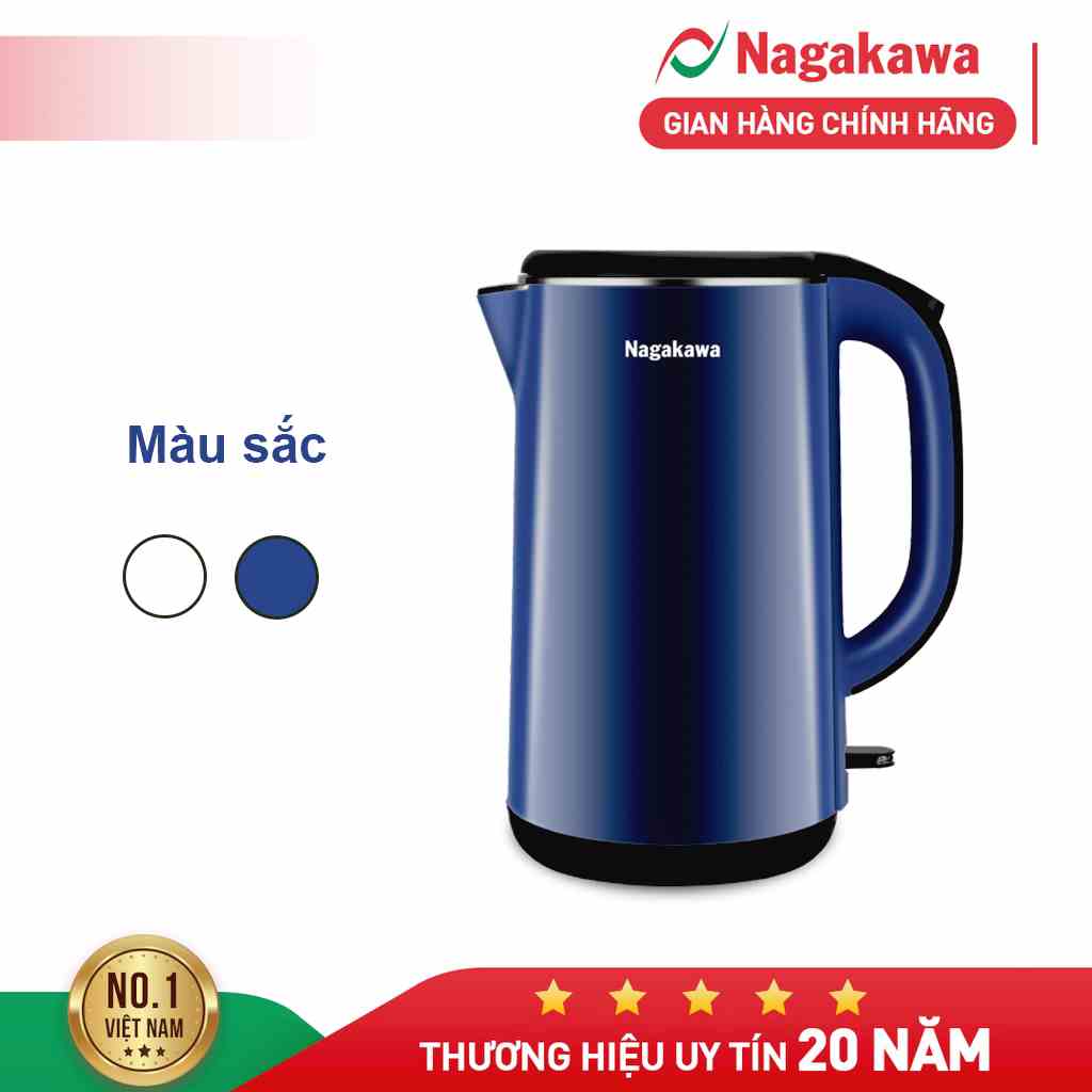 Ấm siêu tốc 2 lớp inox 304 Nagakawa NAG0321 (1,8L - 1800W - Màu trắng) - Bảo hành 12 tháng