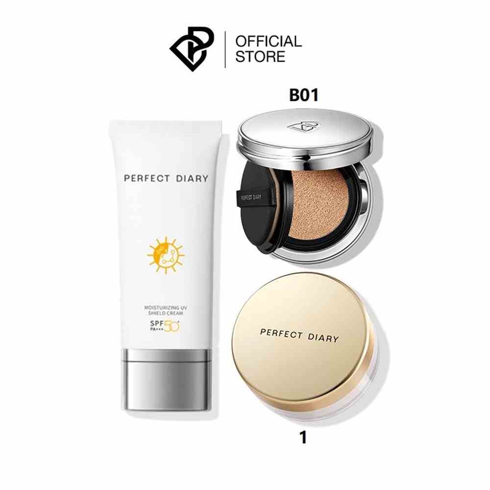 Bộ Trang Điểm Mặt Perfect Diary Gồm Kem Chống Nắng UV PA + + + 60ml, Phấn Nước, Phấn Phủ Kiềm Dầu