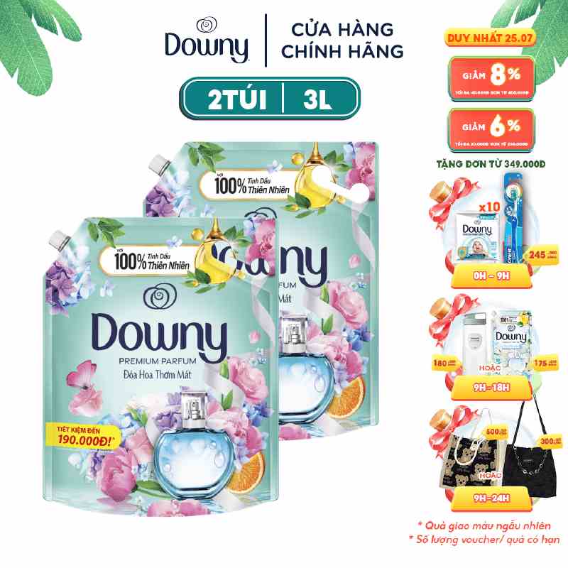 Combo 2 Túi Nước Xả Vải Downy Tinh Dầu Nước Hoa Cao Cấp Hương Đóa Hoa Thơm Mát 3L/túi