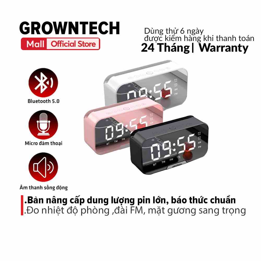 Loa bluetooth nghe nhạc mini đồng hồ GrownTech K12 đa năng đo nhiệt độ phòng, báo thức