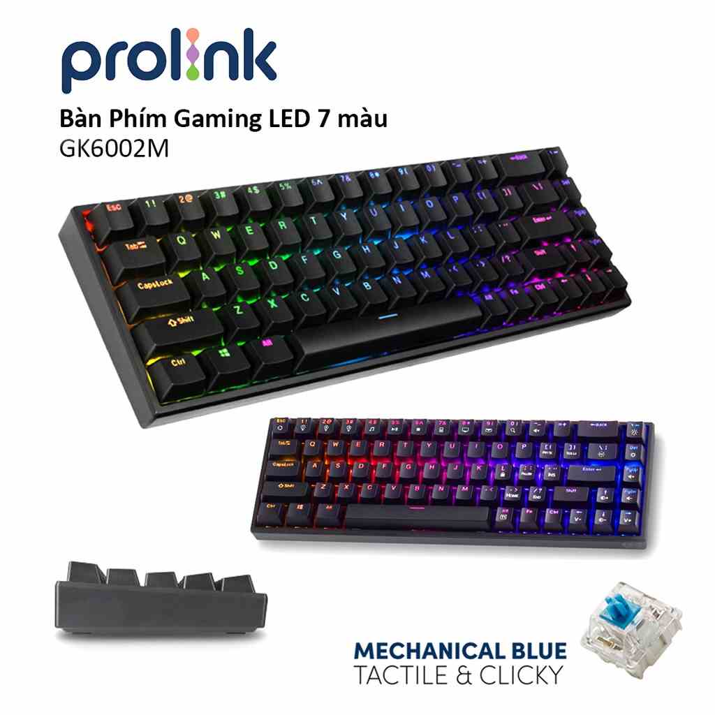 Bàn phím Gaming giả cơ PROLiNK GK6002M có LED 7 màu, độ nhạy cao, dễ vận chuyển chuyên chơi game Esport