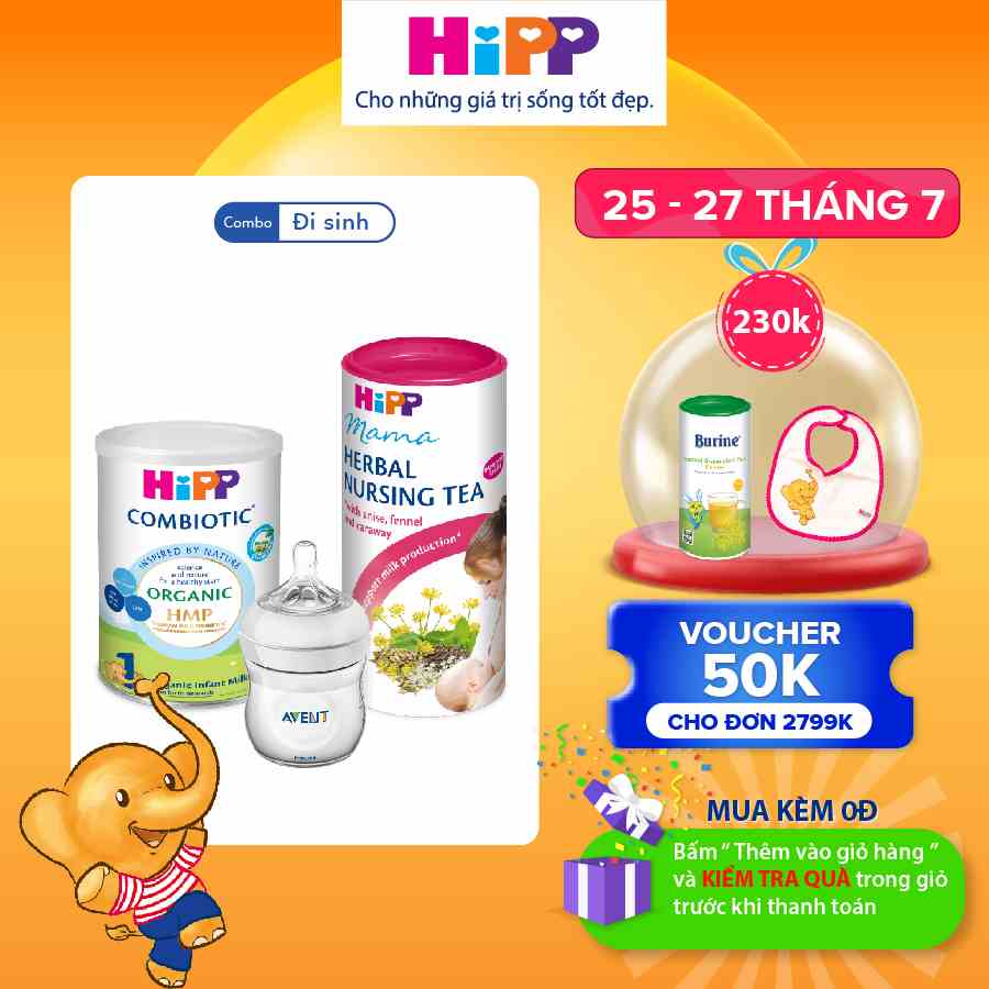 Combo đi sinh siêu tiết kiệm: Sữa HiPP Organic Combiotic - Trà lợi sữa HiPP - Bình sữa Philips Avent nhập khẩu châu Âu