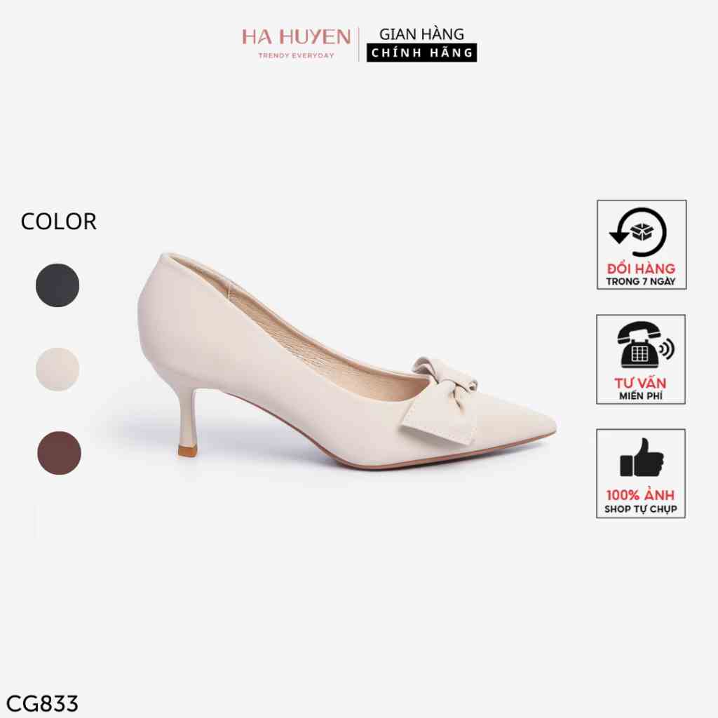 Giày cao gót nữ Hà Huyền Shoes mũi nhọn da lì thắt nơ xinh xắn gót nhọn 5 phân - CG833