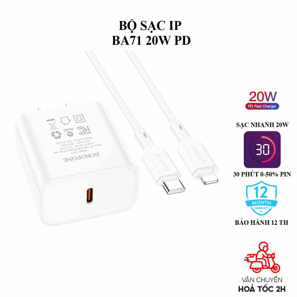 Sạc nhanh IP Borofone PD 20W gồm củ và dây dài 2 mét dành cho 8,X,11,12,13