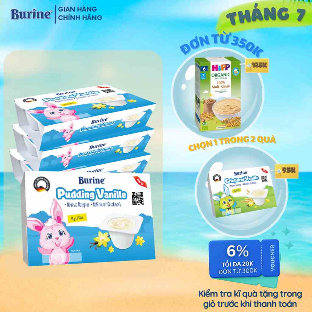 Combo 4 vỉ Pudding ăn dặm Burine dành cho bé từ 6 tháng tuổi - Nhập khẩu 100% từ Đức (6 hũ x 50g x 4 vỉ)