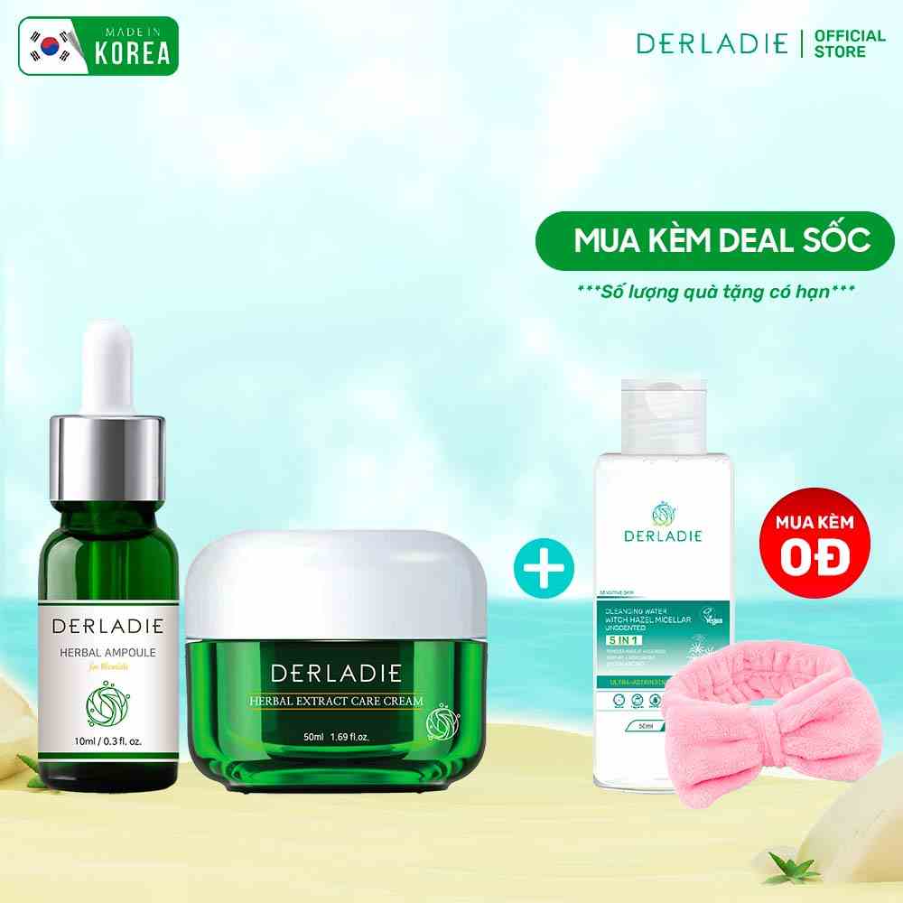 Bộ Đôi Serum Giảm Mụn Khô Cồi Derladie 10ml, Kem Dưỡng Tràm Trà Derladie Herbal Extract Care Cream 50ml