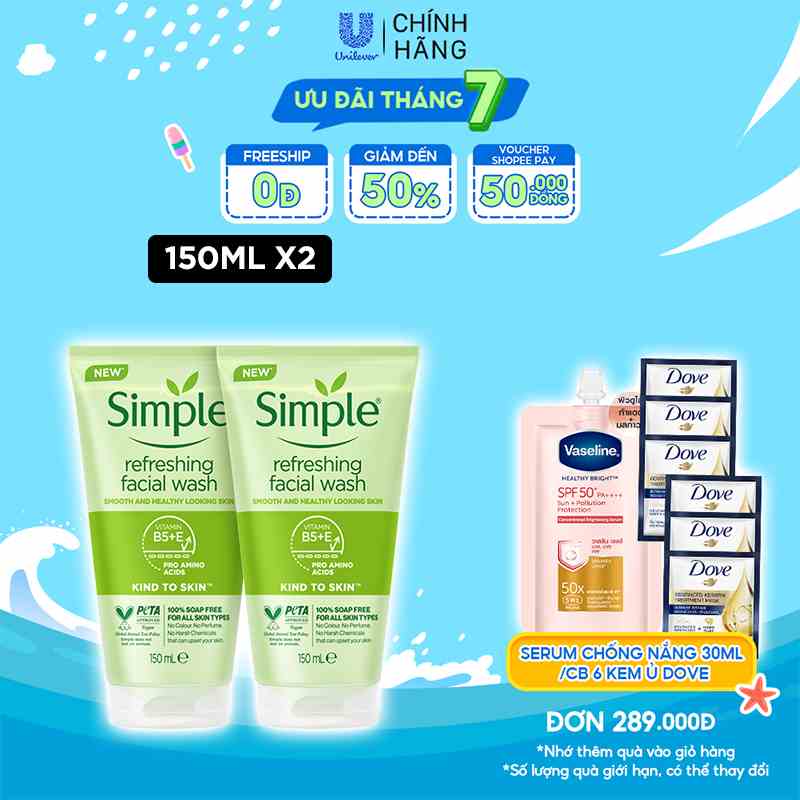 Combo 2 Sữa rửa mặt Simple lành tính sạch thoáng - cho da nhạy cảm 150ml/chai [CHÍNH HÃNG ĐỘC QUYỀN] [DIỆN MẠO MỚI]