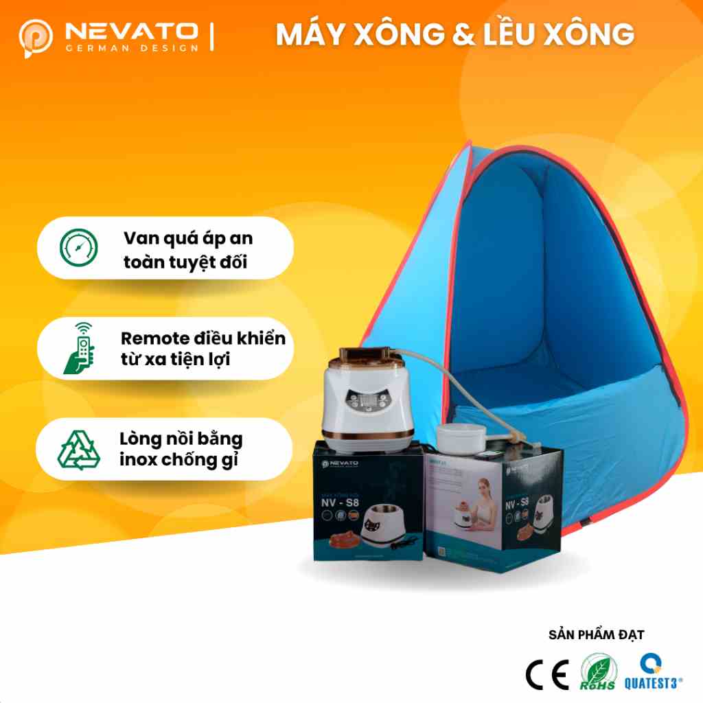 Lều Xông Hơi Tự Bung Và Nồi Xông Hơi Nevato NV-S8 Khử Trùng Cơ Thể Tặng 1 Túi Lá Xông