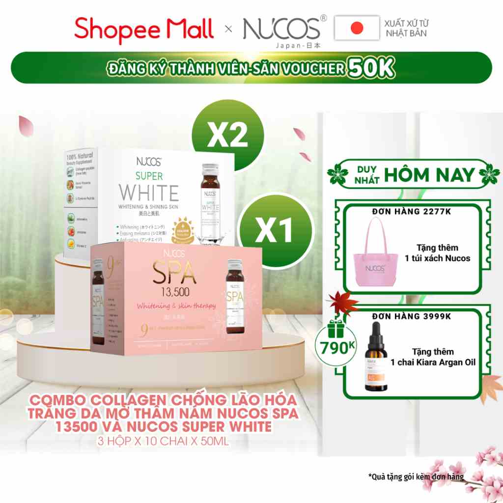 Combo nước uống collagen chống lão hóa trắng da mờ thâm nám Nucos Spa 13500 và Nucos Super White 3 hộp