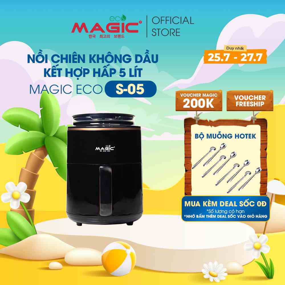 Nồi chiên không dầu kết hợp hấp siêu nhiệt Magic Eco S05 5L cho gia đình 4-6 người,5 chế độ tự động, bảo hành chính hãng