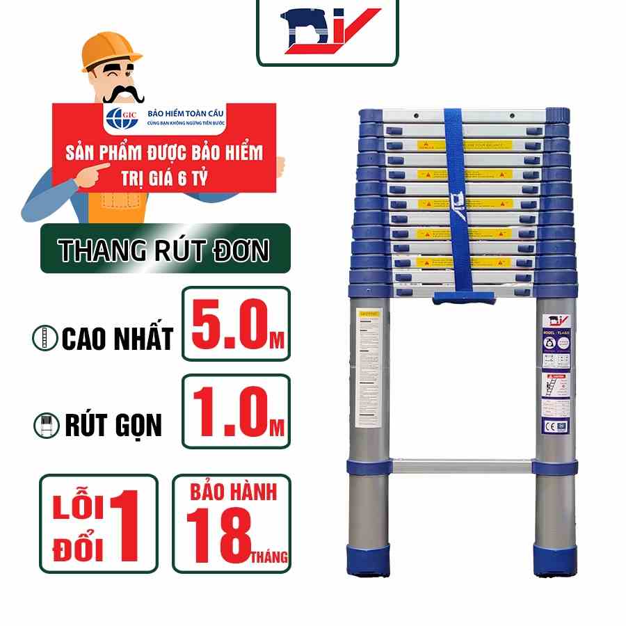 [HỎA TỐC 2H HCM] Thang nhôm rút đơn DIY TL-I-50S chiều cao sử dụng tối đa 5.0m - Tiêu chuẩn chất lượng an toàn Châu Âu