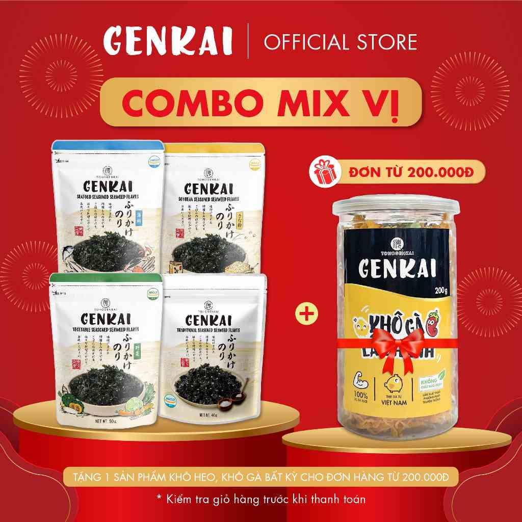 [Combo Mix Vị] 12 Gói Rong Biển Trộn Cơm GENKAI - Truyền Thống 40g - Rau Củ 50g - Đậu Nành Kinako 40g - Hải Sản 50g