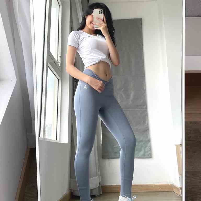 Bộ đồ tập gym nữ Fitme áo thể thao Sigma Trắng, quần legging dài Xám Xanh form body nâng mông cao cấp