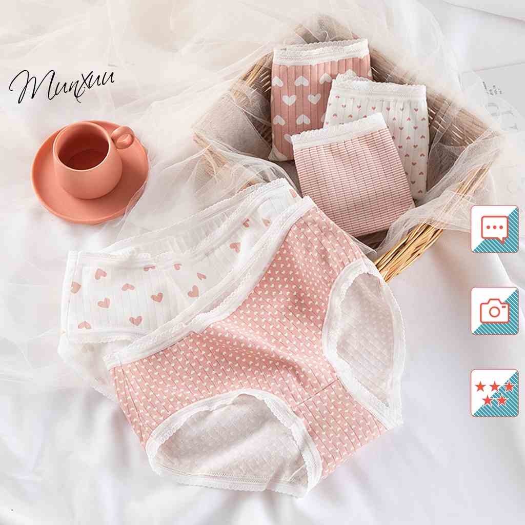 Quần lót nữ Cotton họa tiết trái tim dễ thương kẻ gân tăm co dãn kháng khuẩn - MUNXUU QC83