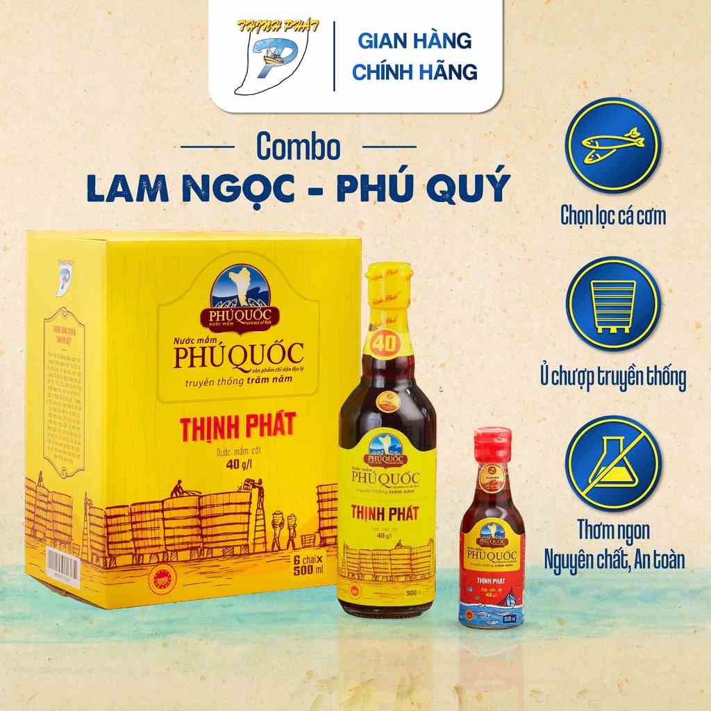 Combo 6 chai nước mắm Thịnh Phát Lam Ngọc 500ml 40 độ và 1 chai Phú Quý 50ml 43 độ từ cá cơm- Chai thuỷ tinh