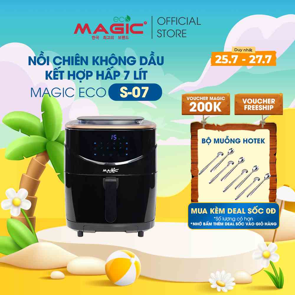 Nồi chiên không dầu kết hợp hấp Magic Eco S07 7L cho gia đình 8-10 người,8 chế độ chiên-hấp tự động,bảo hành chính hãng