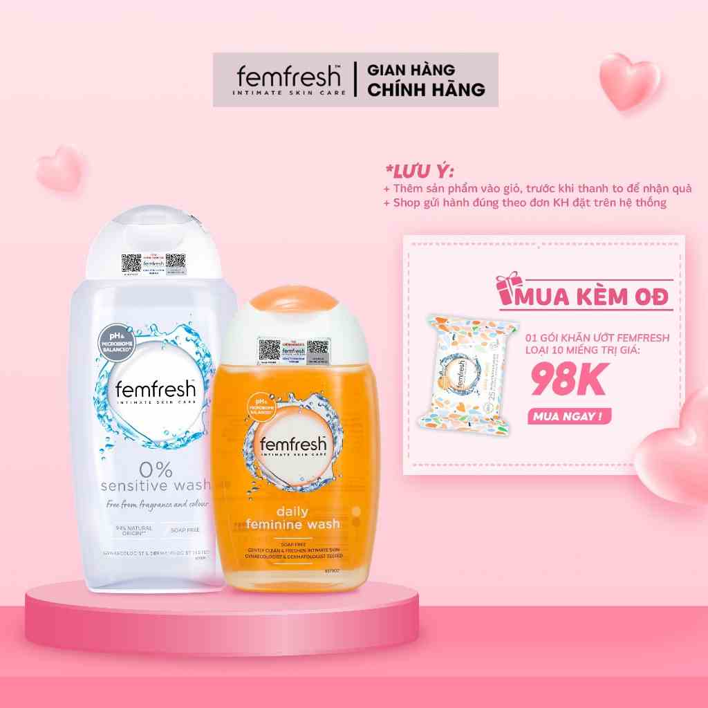 Combo Dung Dịch Vệ Sinh Phụ Nữ Femfresh Dành Cho Da Nhạy Cảm 0% 250ml &Dùng Hàng Ngày Femfres Daily 150ml