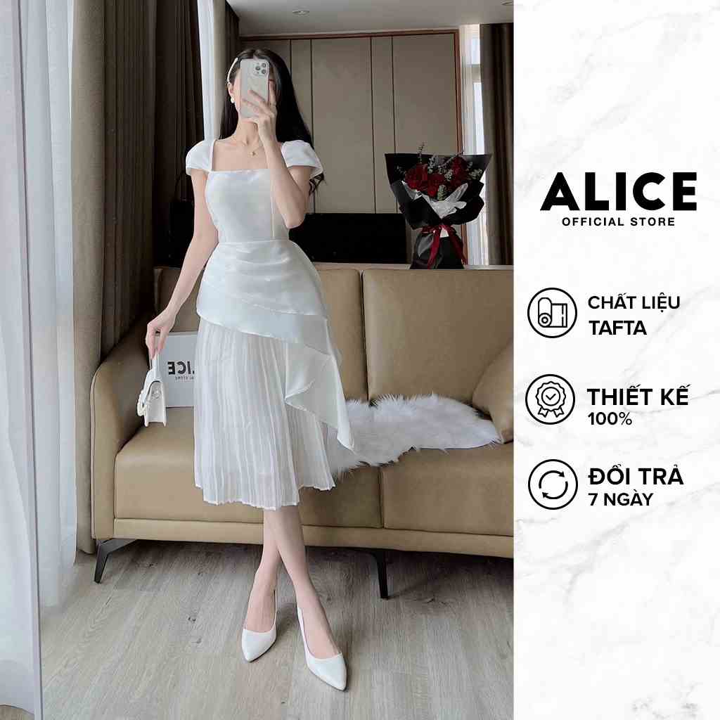 Váy Trắng Tiểu Thư Cổ Vuông ALICE Chất Vải Tafta Cao Cấp Phối Tơ Thiết Kế Tay Cánh Tiên Phối Dập Ly V790