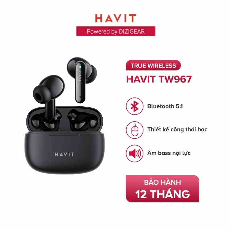 Tai Nghe TWS Havit TW967 BT 5.0, Thiết Kế Công Thái Học, Driver 10mm, Nghe Nhạc Đến 5H - Hàng Chính Hãng