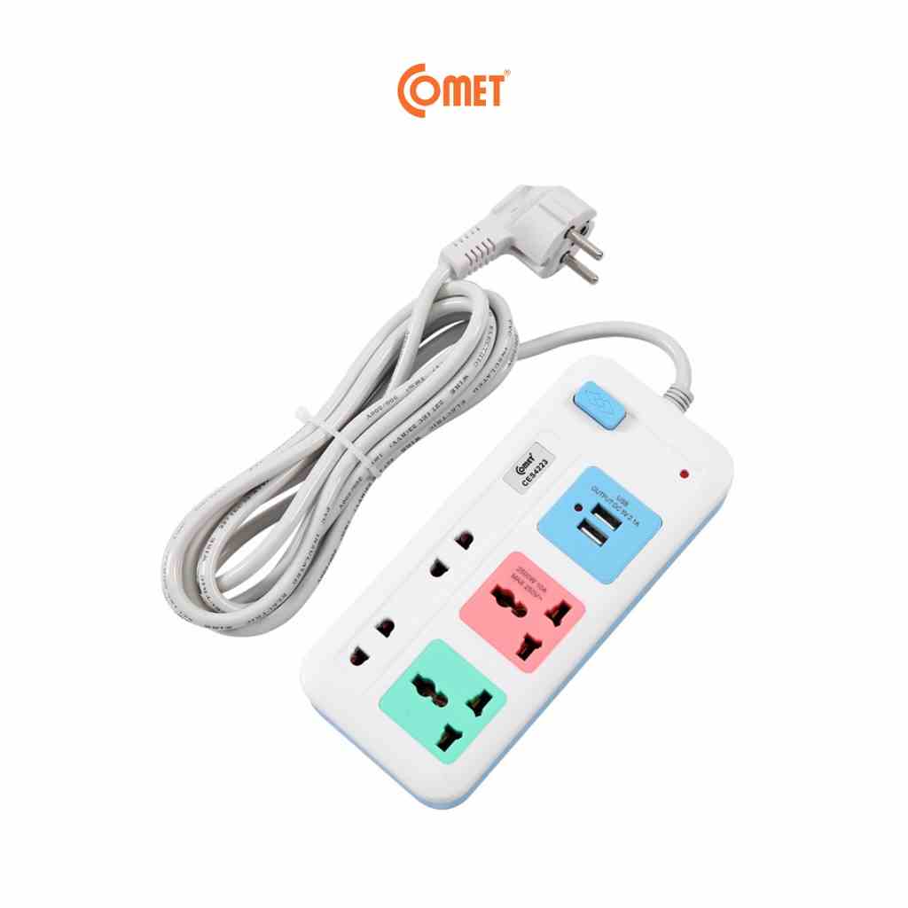 Ổ Cắm Điện Đa Năng Comet CES4223 2500W dây dài 3m, 4 lỗ cắm, 2 cổng sạc USB, 1 công tắc