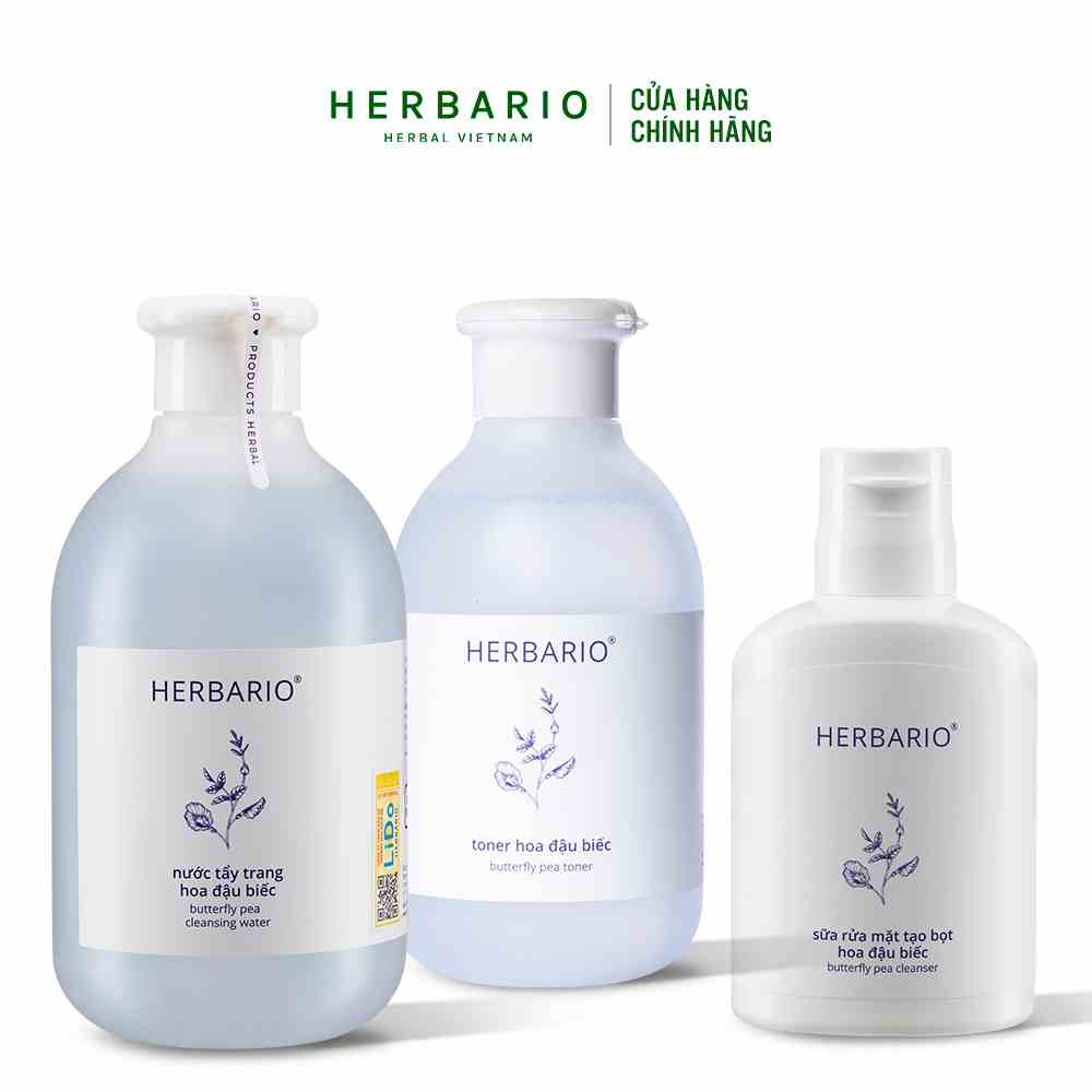 Combo ngăn ngừa lão hóa da Hoa Đậu Biếc Herbario: Nước tẩy trang 300ml + Sữa rửa mặt tạo bọt 100ml + Toner 200ml