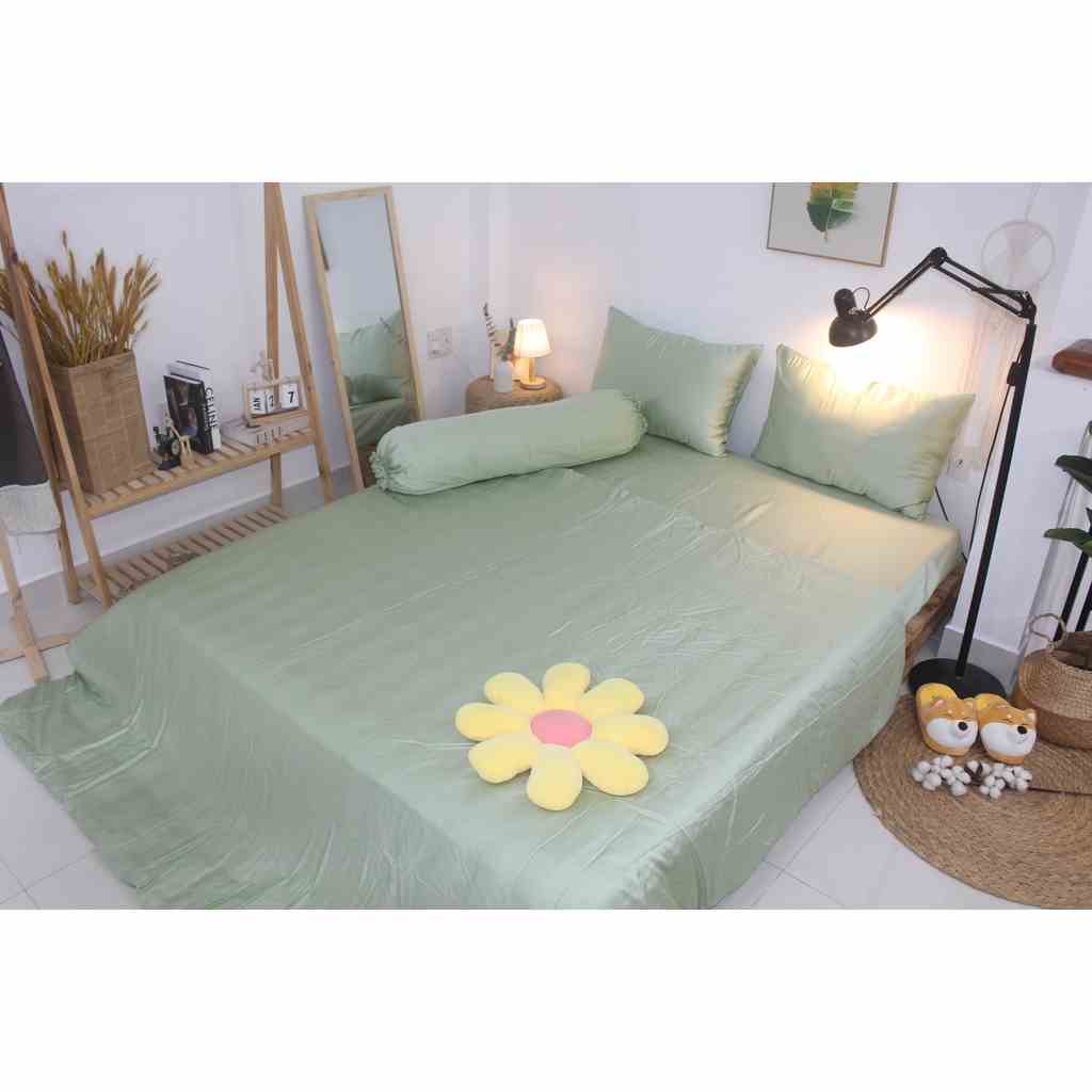 Bộ Chăn drap gối Tencel 60S màu trơn cao cấp mềm mại mịn màng vải nằm siêu mát- Mẫu XanhMatcha