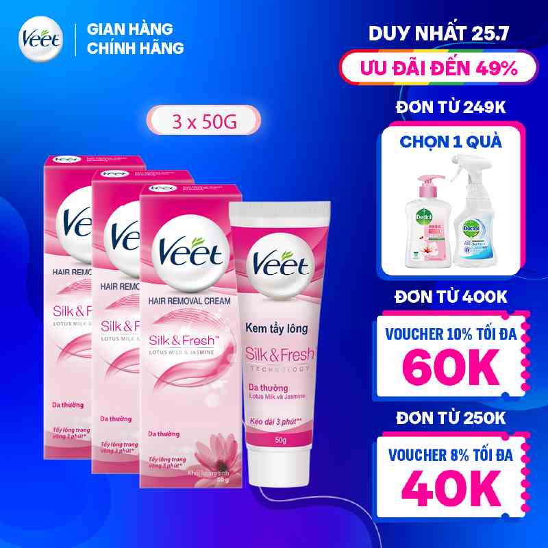 Bộ 3 chai Kem tẩy lông Veet cho da thường 50g/tuýp