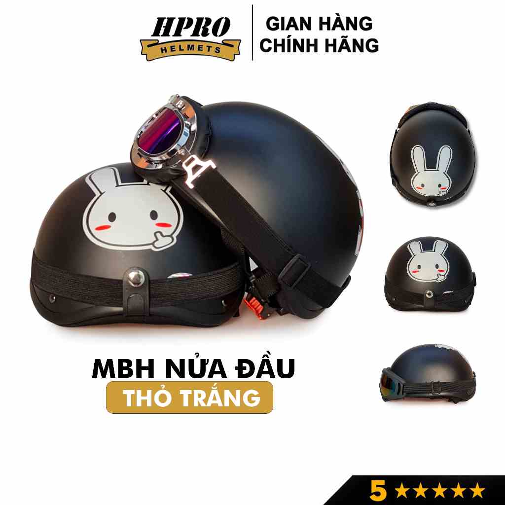 Mũ bảo hiểm xe máy Hpro Helmet thời trang, họa tiết Thỏ trắng đáng yêu, kiểu dáng nửa đầu 1/2 Freesize (55-59cm)