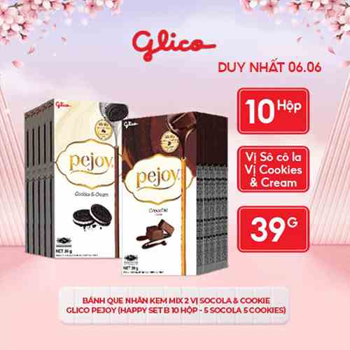 Bánh que nhân kem mix 2 vị socola & cookie GLICO Pejoy (Happy Set B 10 hộp - 5 Socola 5 Cookie)