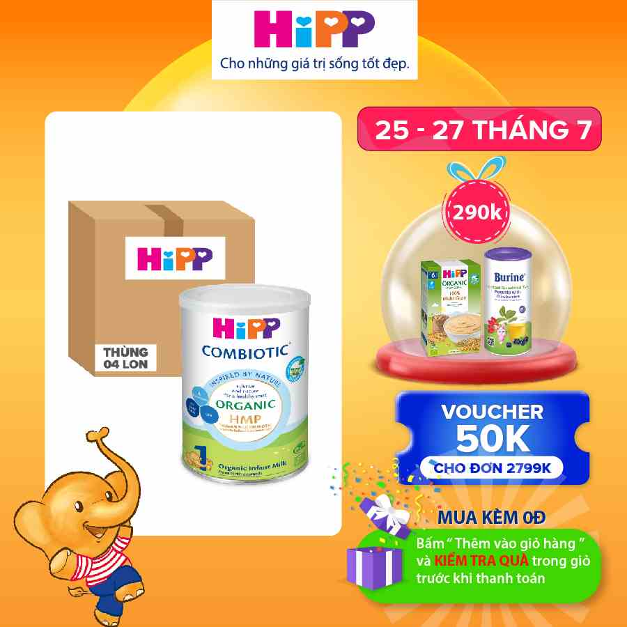 Thùng 4 lon Sữa bột dinh dưỡng công thức HiPP 1 Organic Combiotic 350g bổ sung DHA & ARA (4 lon x 350g)