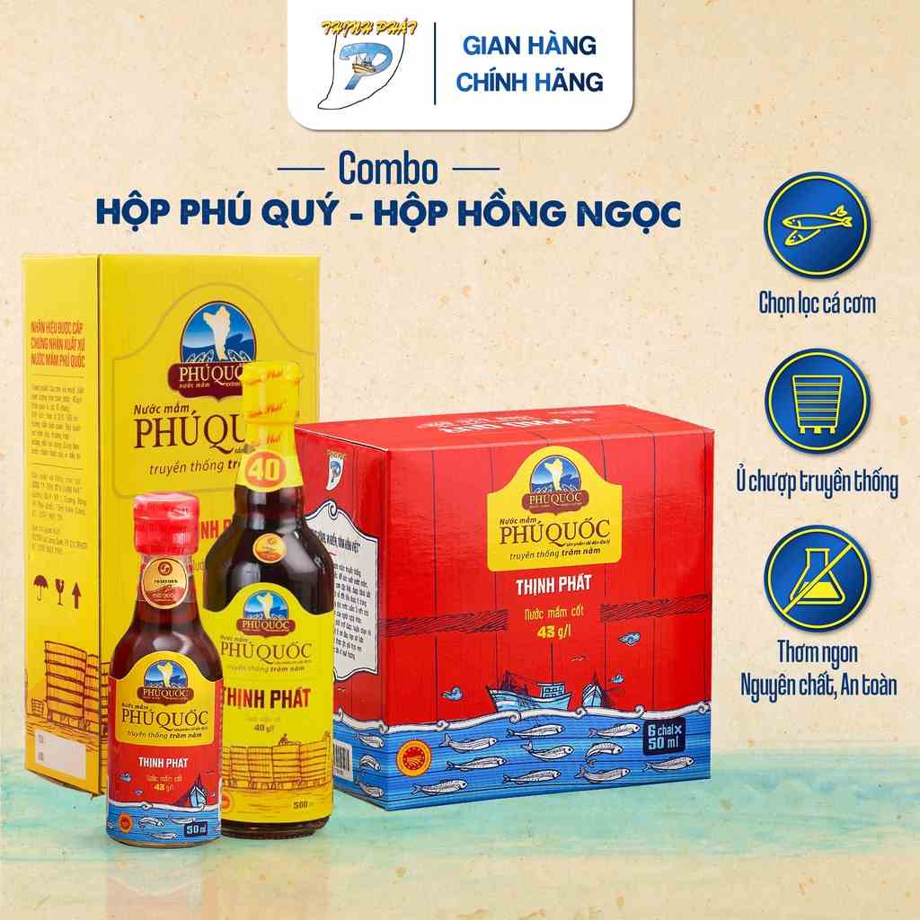 Combo hộp 6 chai 50ml Phú Quý 43 độ và hộp 2 chai 500ml Hồng Ngọc 40 độ nước mắm Thịnh Phát- chai thuỷ tinh