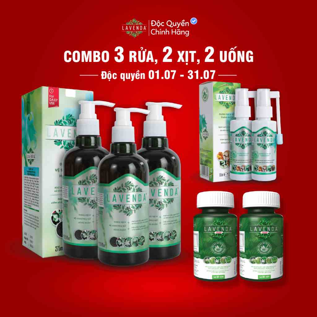 Combo Toàn diện LAVENDA chuyên xóa sổ khí hư, huyết trắng, nấm ngứa (3 rửa + 2 xịt + 2 uống)