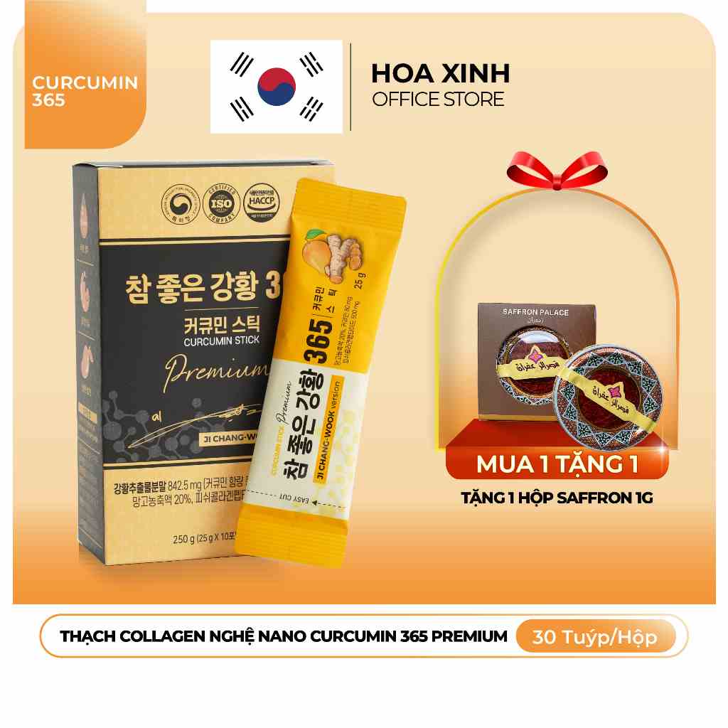 [New Version] Thạch Collagen Nghệ Nano Curcumin 365 Premium - Vị Xoài 750g (30 Tuýp/Hộp)