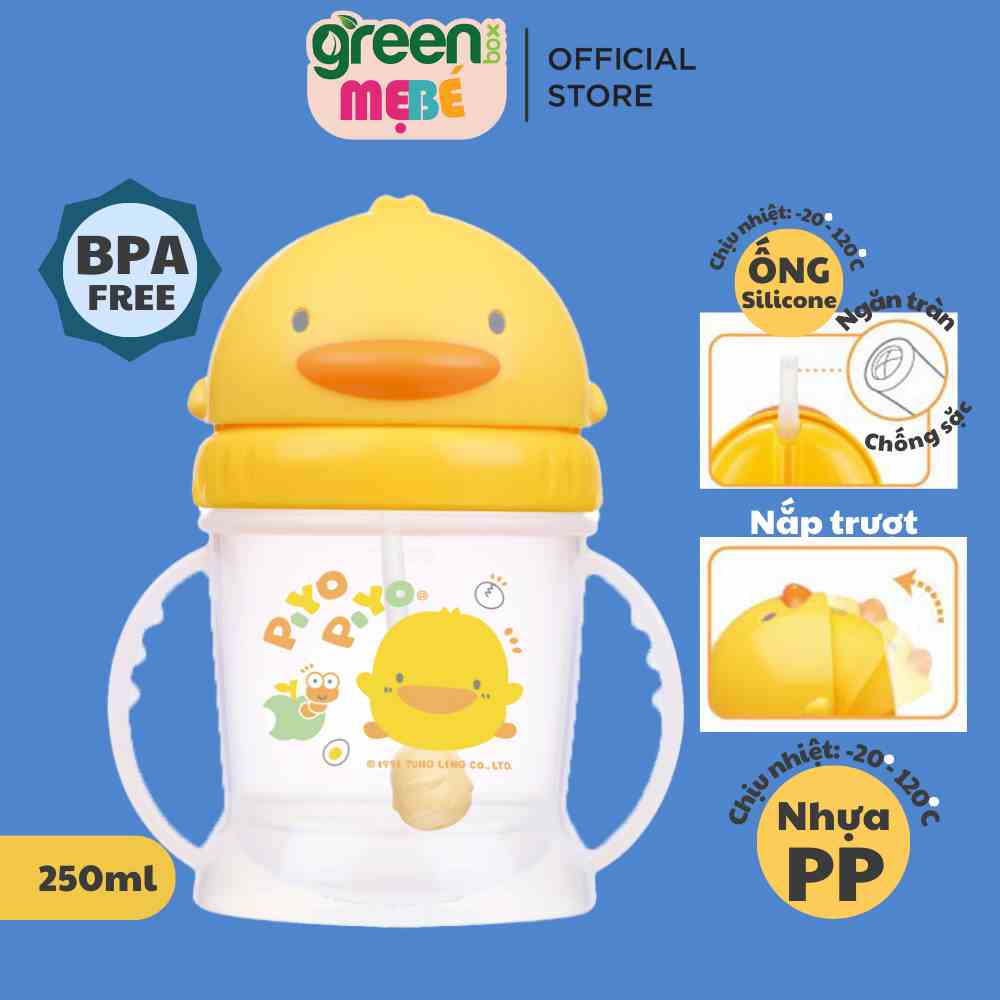 Bình tập uống hai tay cầm cho bé Piyo Piyo 250ml, nắp trượt mở dễ, ống hút 360 độ ngăn tràn