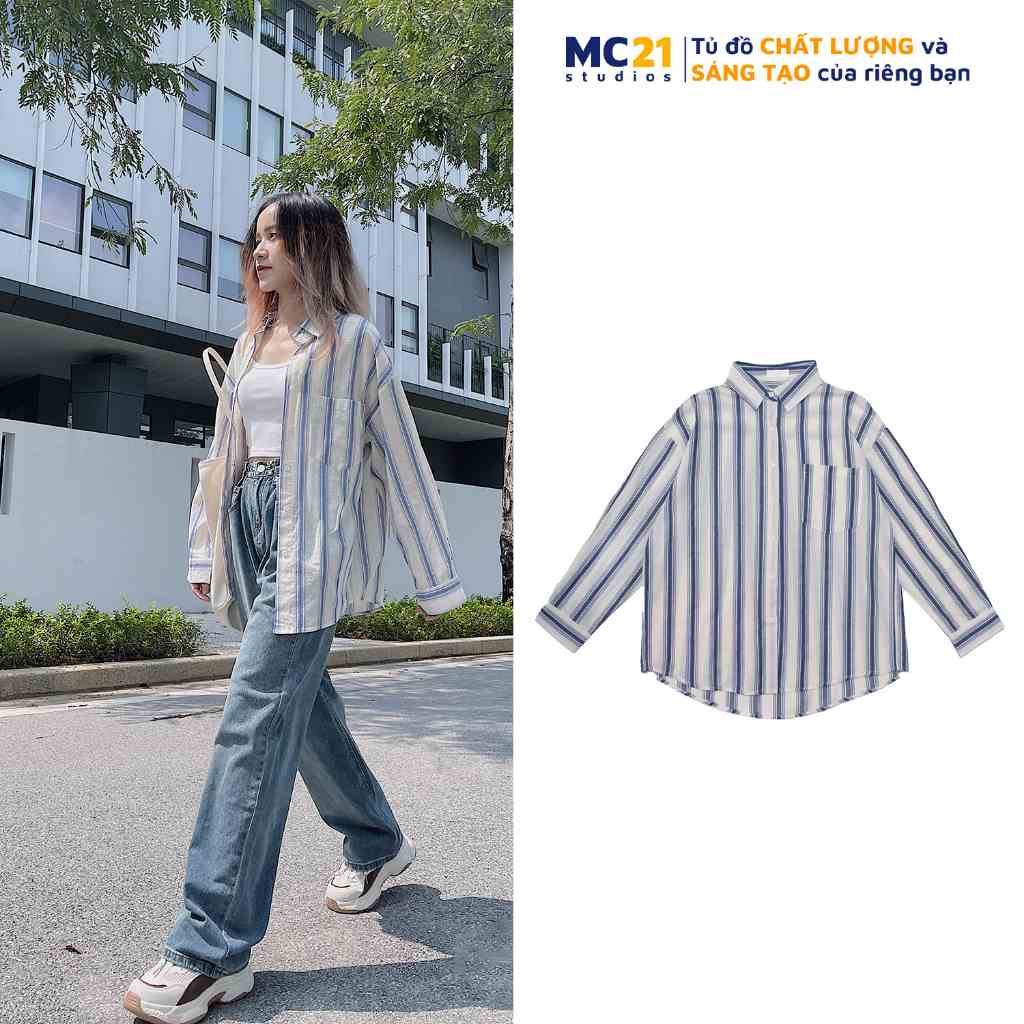 Áo sơ mi kẻ sọc dọc dài tay nữ MINION CLOTHING oversize Ulzzang Hàn Quốc vải mềm thoáng mát form rộng A3036