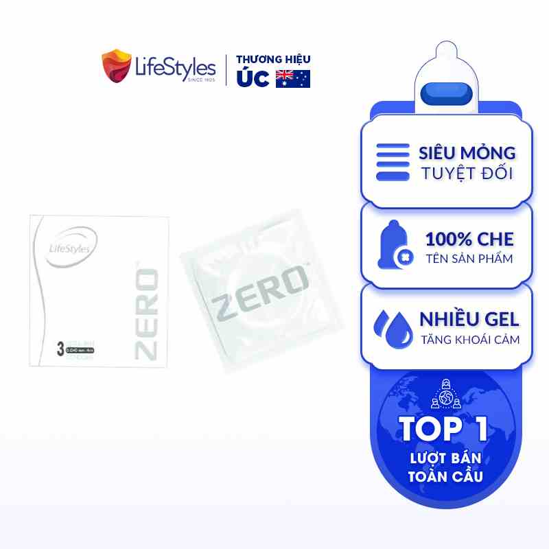 (1 cái dùng thử) Bao Cao Su Siêu Mỏng Tuyệt Đối Truyền Nhiệt Nhanh LifeStyles ZERO Nhiều Gel Bôi Trơn Tăng Khoái Cảm