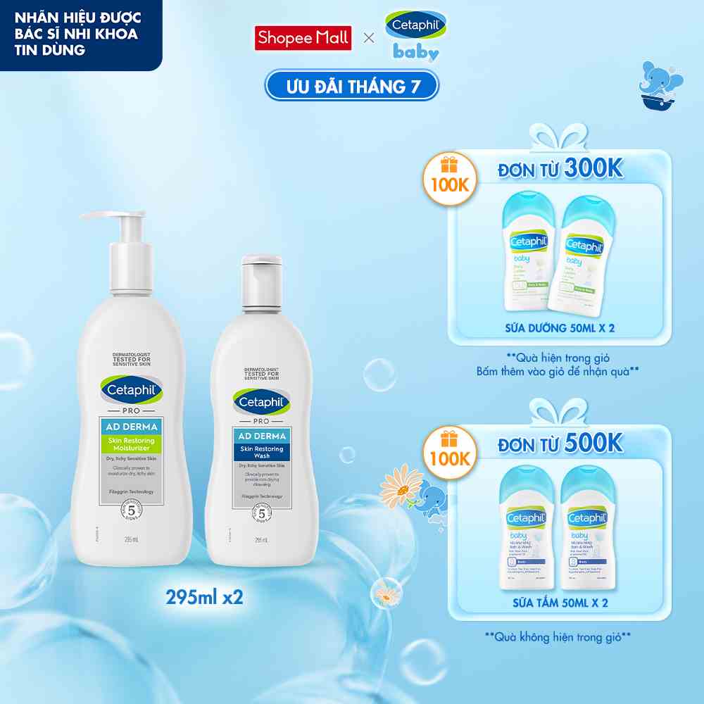 Combo Sữa tắm và Kem dưỡng cho viêm da cơ địa Cetaphil Pro AD Derma Wash 295ml + Cetaphil Pro AD Derma Moisturizer 295ml