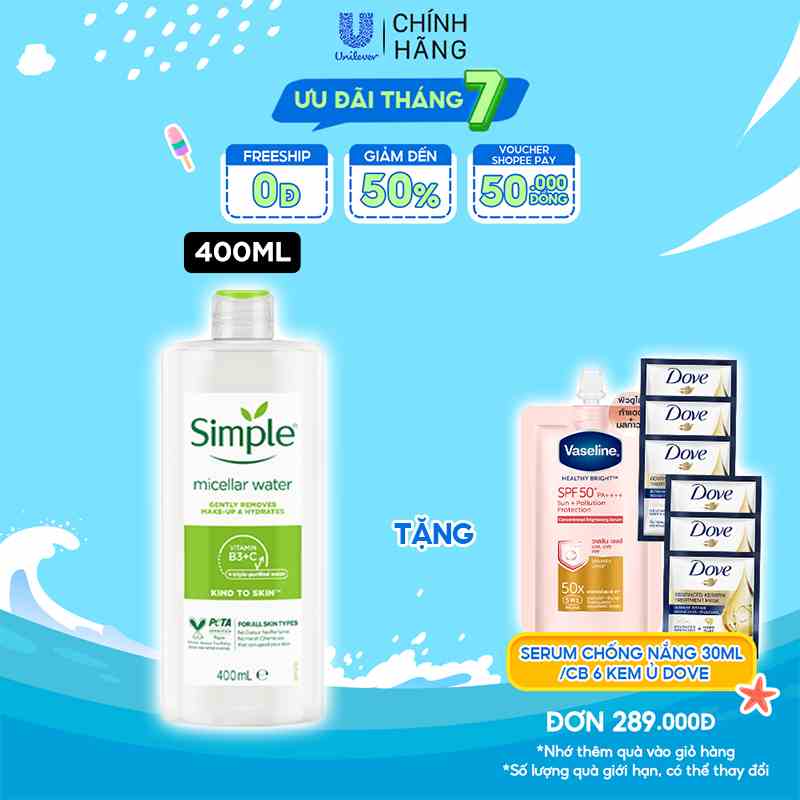 Nước tẩy trang Simple Micellar làm sạch 99% trang điểm, cho da thoáng mịn tức thì 400ml [CHAI LỚN TIẾT KIỆM 111K]