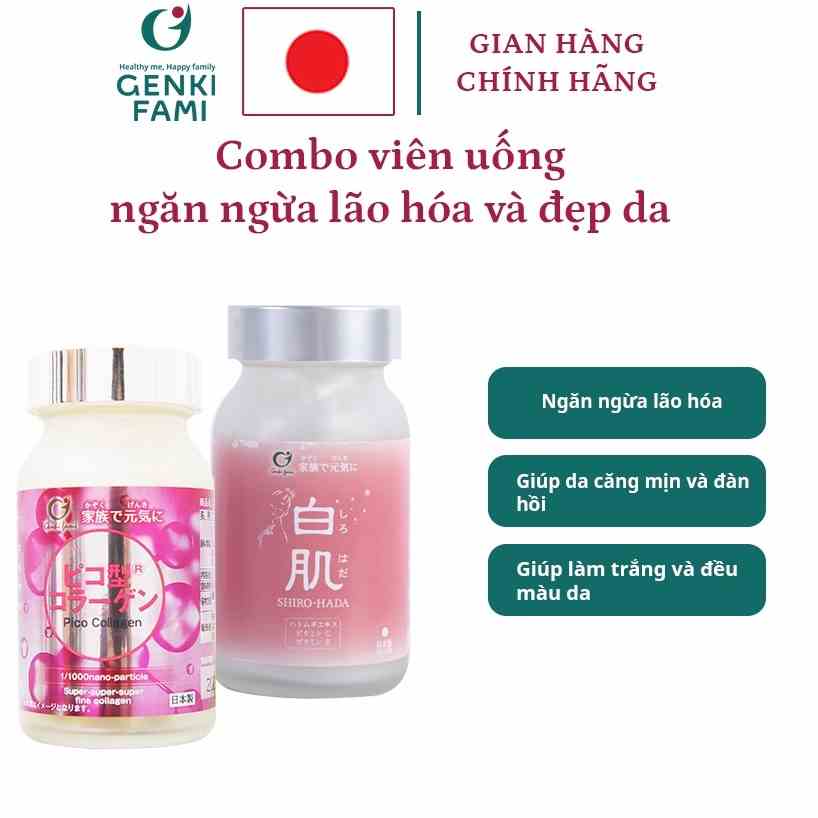 Combo Viên uống Genki Fami ngăn ngừa lão hóa đẹp da tóc móng cân bằng nội tiết tố nữ (Pico Collagen & Shiro Hada)